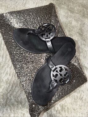 Tory Burch Black Leather Logo Thong Sandals